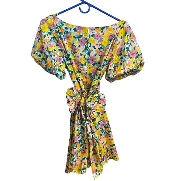 Lulus Attract Attention Multi Floral Puff Sleeve Tie-Front Mini Dress milkmaid - Picture 7 of 13